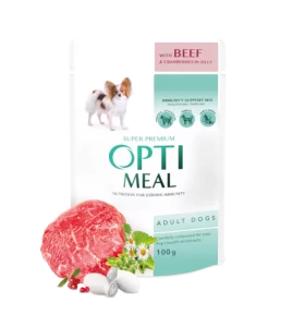کنسرو سگ OptiMeal با گوشت گوساله و کرن بری | تقویت سیستم ایمنی | 100 گرم