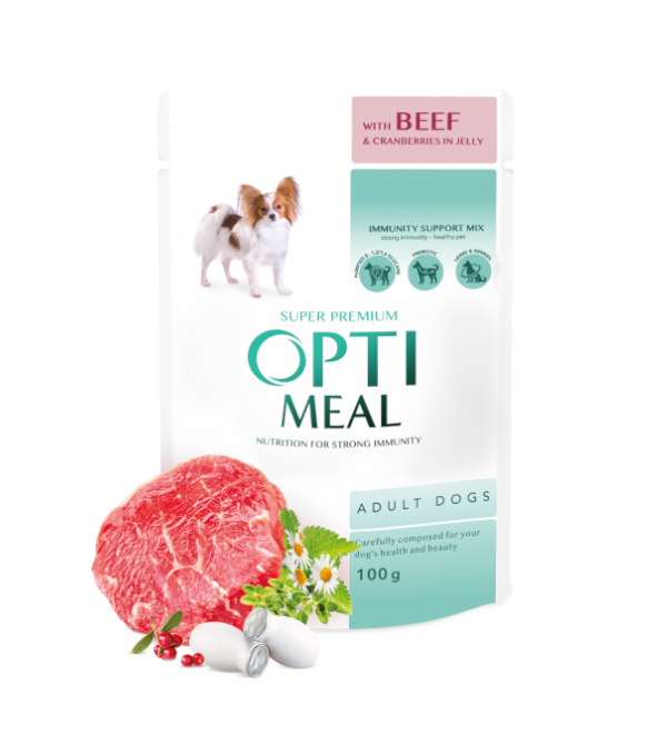 کنسرو سگ OptiMeal با گوشت گوساله و کرن‌بری | تقویت سیستم ایمنی | 100 گرم