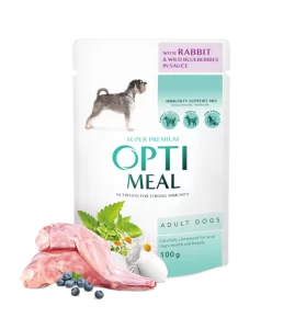 پوچ سگ OptiMeal با گوشت خرگوش و بلوبری | تقویت سیستم ایمنی | 100 گرم Сomplete сanned pet food for adult dogs with rabbit and wild blueberries in sauce