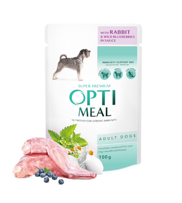 کنسرو سگ OptiMeal با گوشت خرگوش و بلوبری | تقویت سیستم ایمنی | 100 گرم