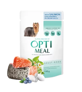 پوچ سگ OptiMeal با ماهی سالمون و بلوبری | تقویت سیستم ایمنی | 100 گرم Сomplete сanned pet food for adult dogs with salmon and blueberry in cream sauce