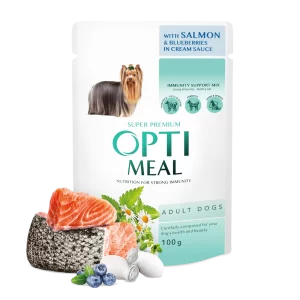 کنسرو سگ OptiMeal با ماهی سالمون و بلوبری | تقویت سیستم ایمنی | 100 گرم