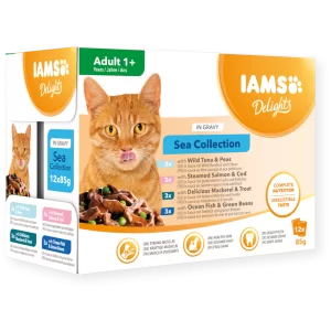 پوچ گربه بالغ IAMS ماهی تن، سالمون و کاد دریایی 85 گرم | Delights Adult Sea Collection