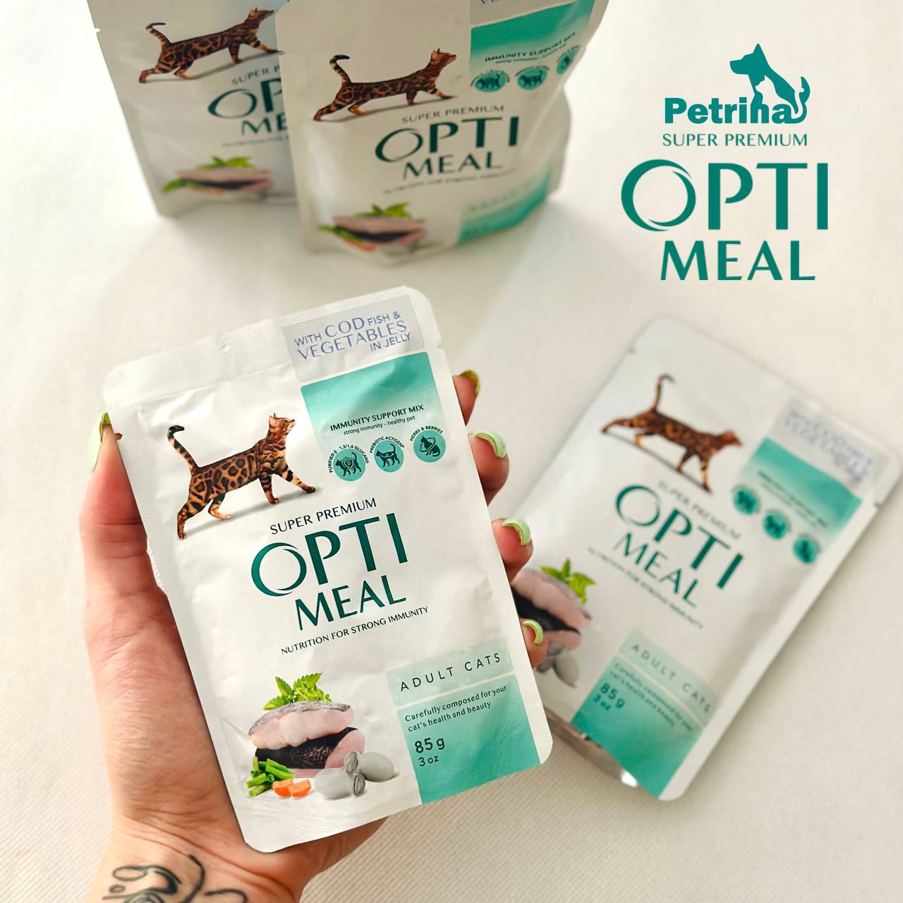 پوچ گربه OptiMeal با ماهی کاد و سبزیجات تقویت سیستم ایمنی