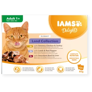 پوچ گربه بالغ IAMS گوشت‌های بره، مرغ و بوقلمون 85 گرم | Delights Adult Land Collection