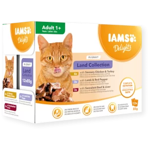 پوچ گربه بالغ IAMS گوشت‌های بره، مرغ و بوقلمون 85 گرم | Delights Adult Land Collection