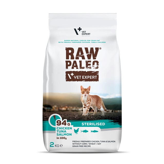 Raw Paleo Sterilised Cat غذای خشک مراقبتی گربه عقیم شده برند VetExpert | مرغ و ماهی تن و سالمون (2 کیلو)