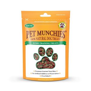تشویقی سگ آموزشی پت مانچیز (انگلیسی) | کم چرب و 100% طبیعی | سوشی ماهی و سینه مرغ Pet Munchies Chicken Dog Training Treats 50g