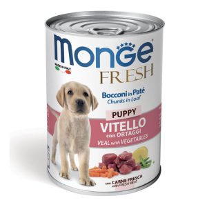 کنسرو توله سگ مونژه Monge Fresh تکه‌های گوشت گوساله و سبزیجات | طبیعی | 400 گرم Monge Fresh Puppy Dog Chunks in Loaf Veal with Vegetables