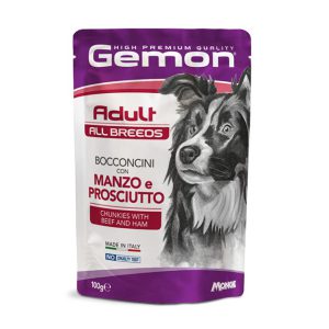 پوچ سگ مونژه Gemon تکه‌های گوشت گوساله و خوک | 100 گرم Monge Gemon All Breeds Adult Dog Chunkies with Beef and Ham | High Premium