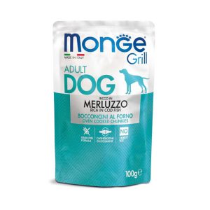 پوچ سگ مونژه گریل گوشت ماهی کاد | بدون غلات | 100 گرم Monge Grill Adult Dog Chunkies rich in Codfish