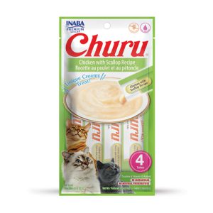 تشویقی گربه Inaba Churu با مرغ و صدف دریایی | بدون غلات - کم کالری، بافت کرمی، لیسیدنی | غنی شده با تائورین و ویتامین E Churu Chicken with Scallop Recipe| Creamy Treats