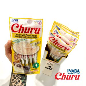 تشویقی گربه Inaba Churu با طعم مرغ و پنیر | بافت کرمی، لیسیدنی و بدون غلات - کم کالری | غنی شده با تائورین