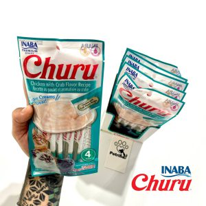 تشویقی گربه Inaba Churu با مرغ و طعم خرچنگ | بدون غلات - کم کالری، بافت کرمی، لیسیدنی | غنی شده با تائورین و ویتامین E