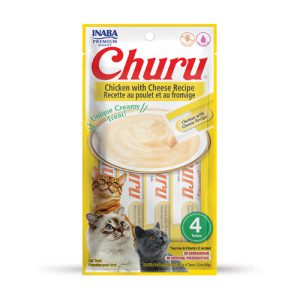 تشویقی گربه Inaba Churu با طعم مرغ و پنیر | بافت کرمی، لیسیدنی و بدون غلات - کم کالری | غنی شده با تائورین