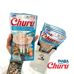 تشویقی گربه Inaba Churu با ماهی تن و غذاهای دریایی| بدون غلات - کم کالری، بافت کرمی، لیسیدنی | غنی شده با تائورین و ویتامین E Churu Tuna Recipe with Seafood Flavor | Creamy Trea