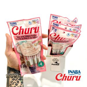 تشویقی گربه Inaba Churu با ماهی تن و سالمون | بدون غلات - کم کالری، بافت کرمی، لیسیدنی | غنی شده با تائورین و ویتامین E Churu Tuna with Salmon Recipe | Creamy Treats