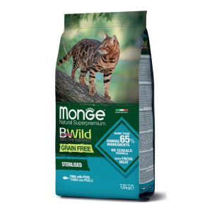 غذای خشک گربه عقیم شده مونژه BWild ماهی تن | سوپر پرمیوم، طبیعی - بدون غلات | 2 کیلو Monge BWild Grain Free Formula Sterilised Cat Tuna with Peas