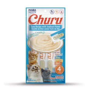 تشویقی گربه Inaba Churu با ماهی تن و غذاهای دریایی| بدون غلات - کم کالری، بافت کرمی، لیسیدنی | غنی شده با تائورین و ویتامین E Churu Tuna Recipe with Seafood Flavor | Creamy Trea