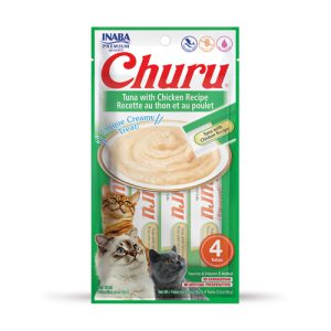 تشویقی گربه Inaba Churu با ماهی تن و مرغ | بدون غلات - کم کالری، بافت کرمی، لیسیدنی | غنی شده با تائورین و ویتامین E Churu Tuna with Chicken Recipe| Creamy Treats