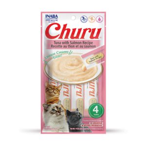 تشویقی گربه Inaba Churu با ماهی تن و سالمون | بدون غلات - کم کالری، بافت کرمی، لیسیدنی | غنی شده با تائورین و ویتامین E Churu Tuna with Salmon Recipe | Creamy Treats
