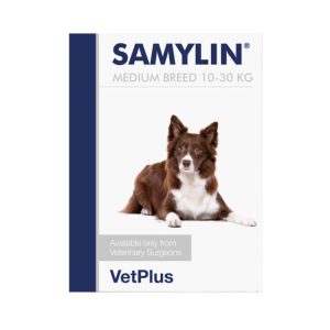 مکمل تخصصی سلامت کبد سگ SAMYLIN برند Vet Plus (انگلیسی) | نژاد متوسط و بزرگ (10 - 30 کیلو) | ساشه ای