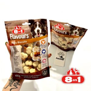 تشویقی سگ 8in1 Flavours Meaty Biscuits | بیسکویت گوشتی با طعم‌های مرغ، گاو و خوک | مناسب تمام نژادها