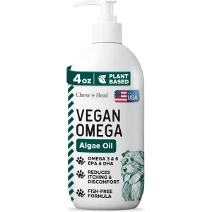 روغن امگا3 سگ وگان برند Chew + Heal (آمریکایی) | تقویت کننده پوست و مو | 237 میلی‌لیتر Vegan Single Ingredient EPA & DHA Omega-3 Algae Oil Skin & Coat Supplement for Dogs