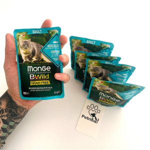وچ گربه مونژه BWild ماهی کاد، میگو و سبزیجات | سوپر پرمیوم، طبیعی - بدون غلات | 85 گرم Monge Natural Super Premium Bwild Grain Free Formula Adult Cat Irregular Cut Chunkies in Gravy Codfish with Shrimps and Vegetables