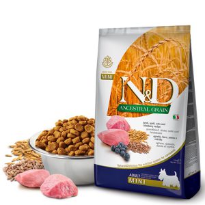 غذای خشک سگ فارمینا N&D Ancestral Grain Canine با گوشت بره، جو دوسر ارگانیک و بلوبری | جثه کوچک | 2/5 کیلو